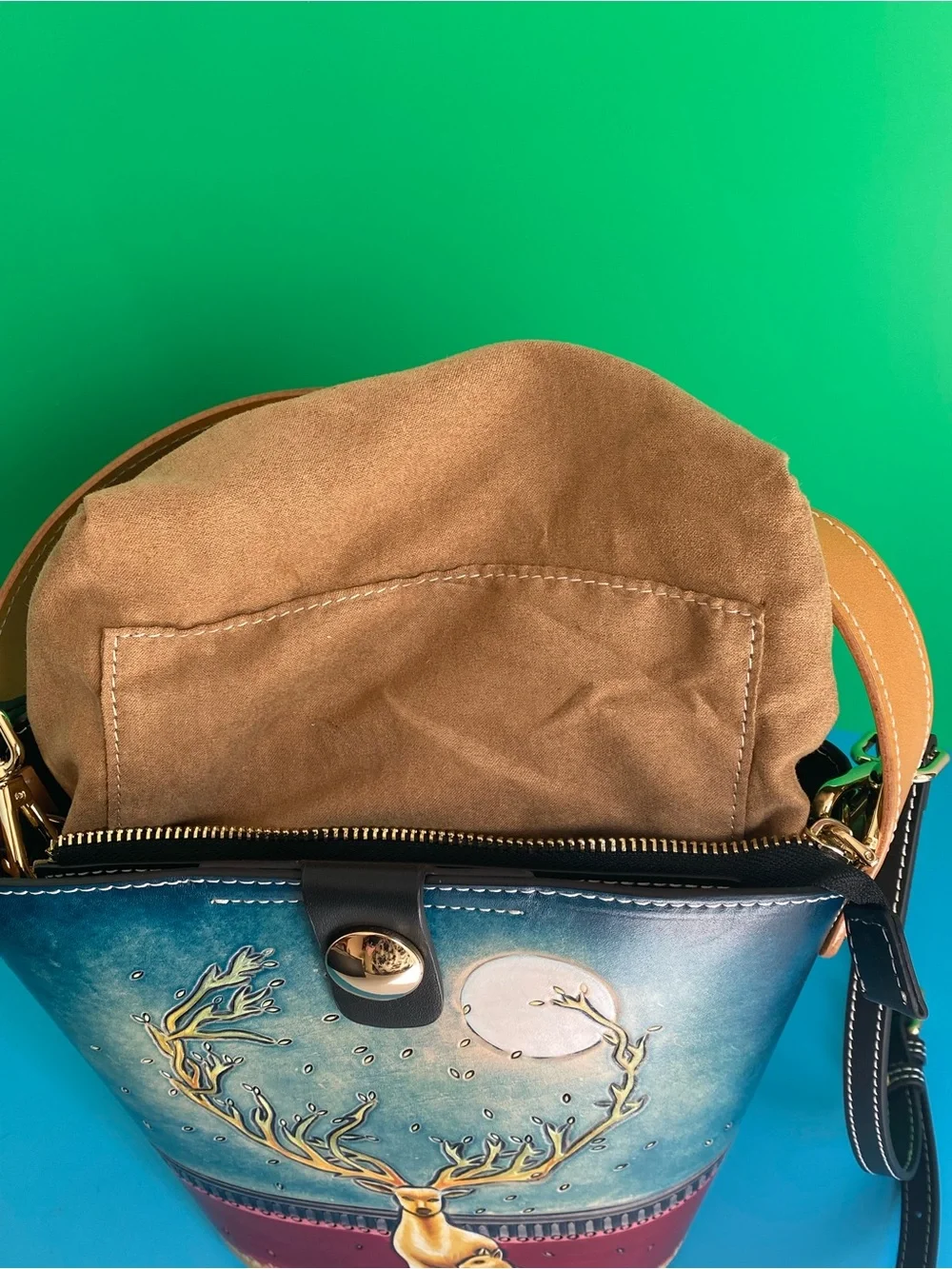 Leather Hand Tooled Hand-Painted Deer Bucket Shoulder Bag in Teal & Burgundy NWT
